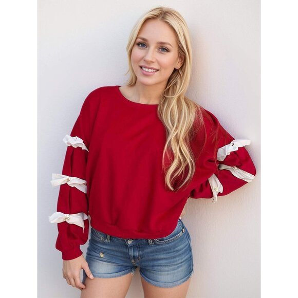Contrast Bow Round Neck Long Sleeve Sweatshirt - Picture 2 of 5